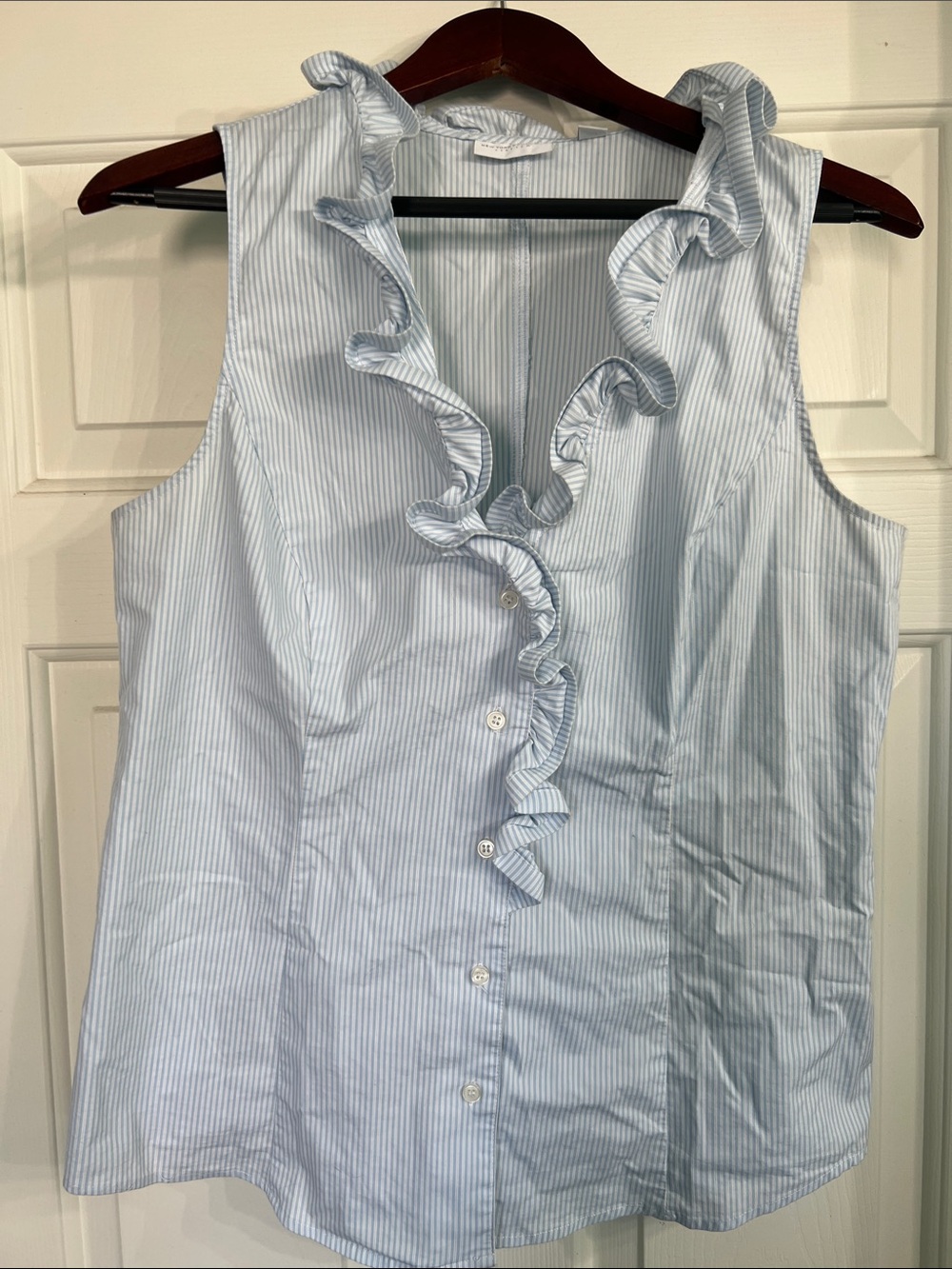 New York & Company Light Blue and White Striped Ruffle Button Front Blouse